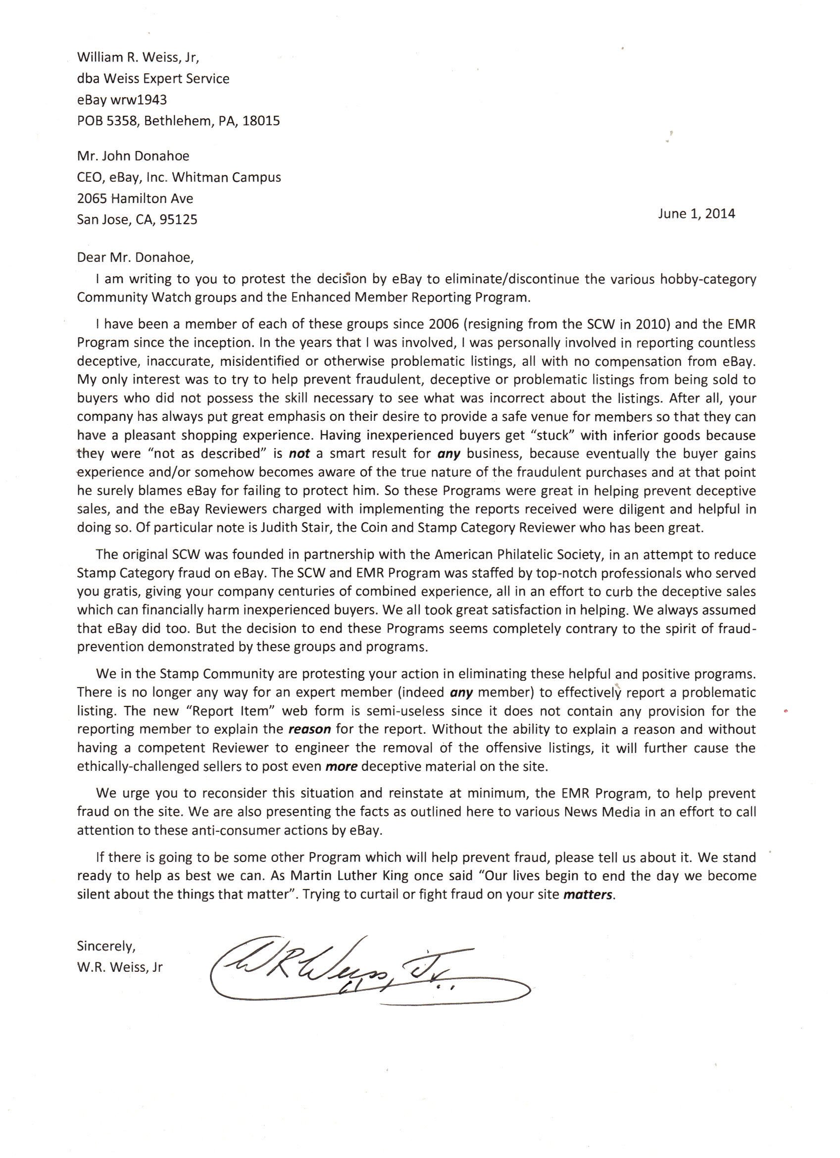 Letters to eBay CEO Donahoe Protesting EMR Elimination - Stamp ...